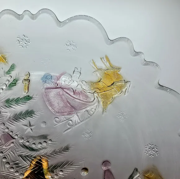 Share the Joy Christmas Glass Platter Santa Sleigh Teddy Bears 14" Caldor Vtg - Picture 2 of 10